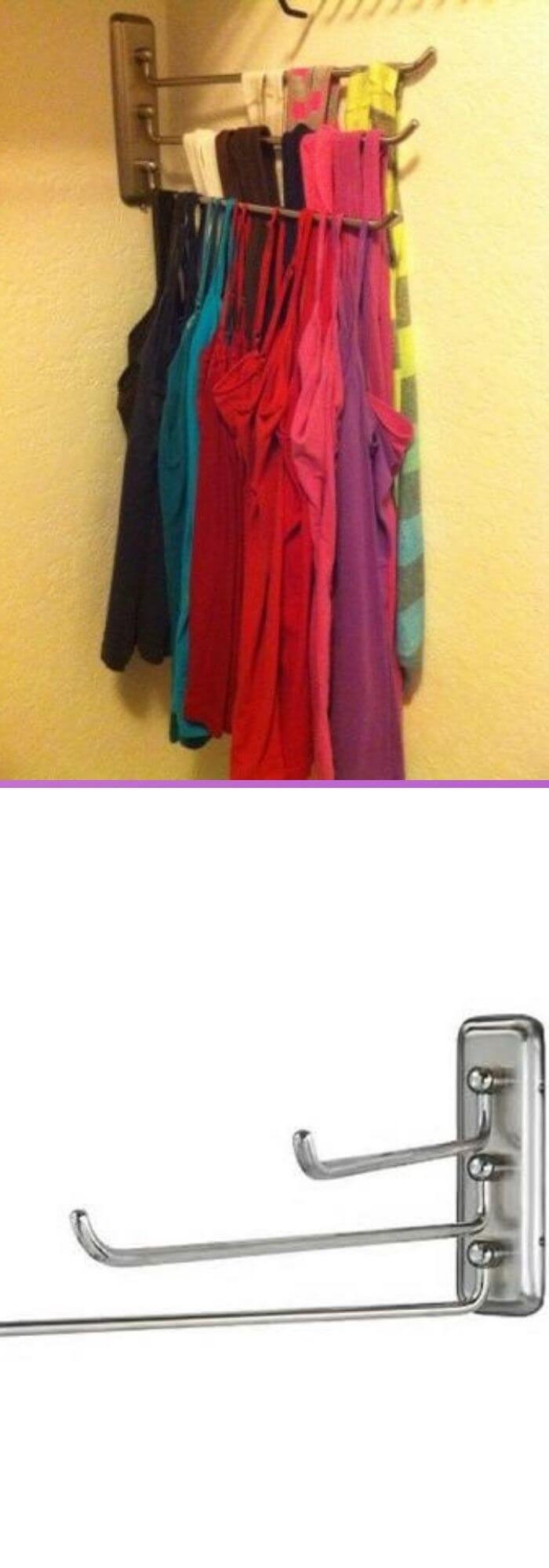 Hang your tank tops on a towel rack, so you will avoid taking up space in your drawers