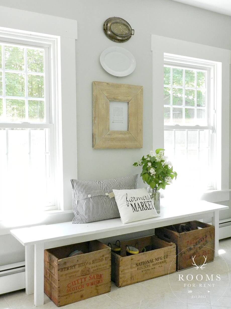 #21. Farmhouse shoe storage under bench