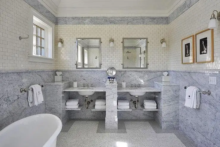 Gray stone tile wainscoting