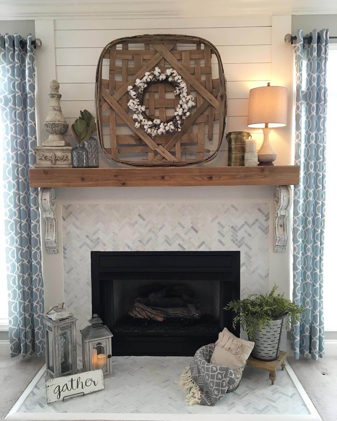 Rustic basket above fireplace