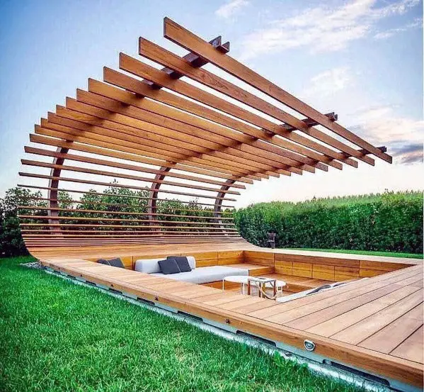 Deck with curved wood roof