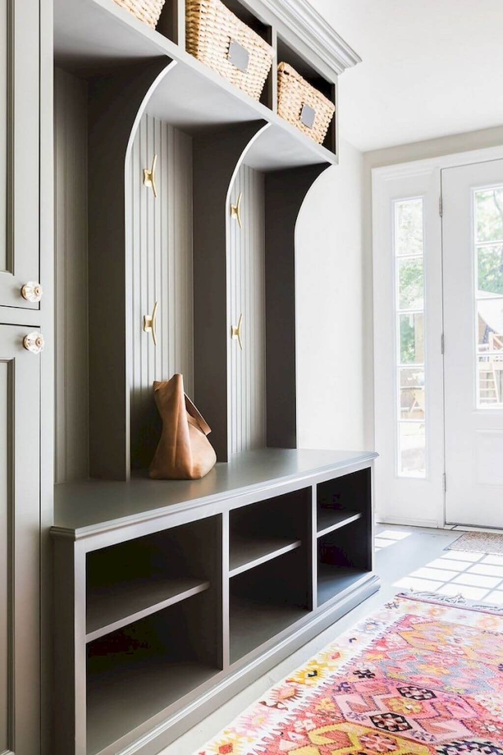 A linen closet with storage