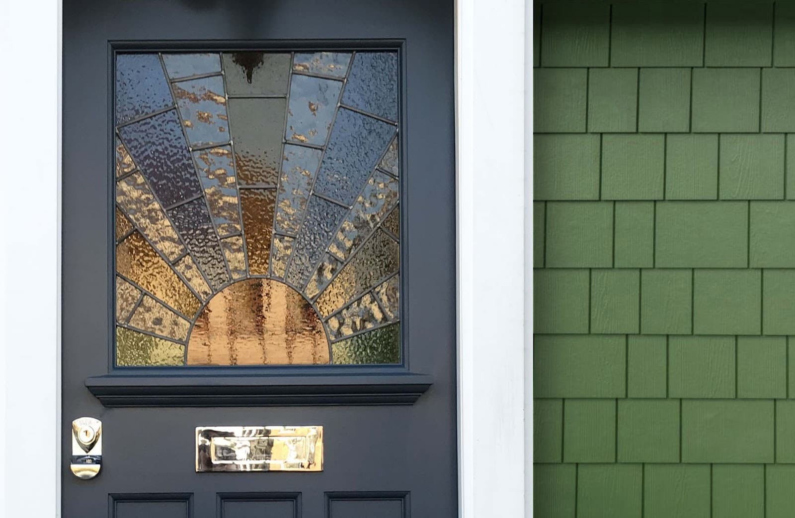 Multicolor Stained Glass Inlay on a Black Front Door