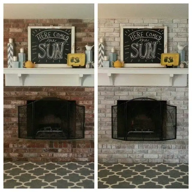 Whitewash painted brick fireplace