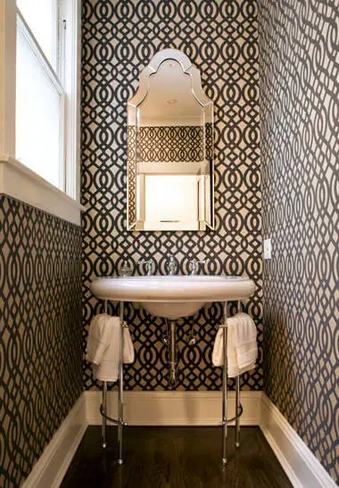 #12. Small trendy 3/4 dark wood floor bathroom design in San Francisco with gray walls and a console sink