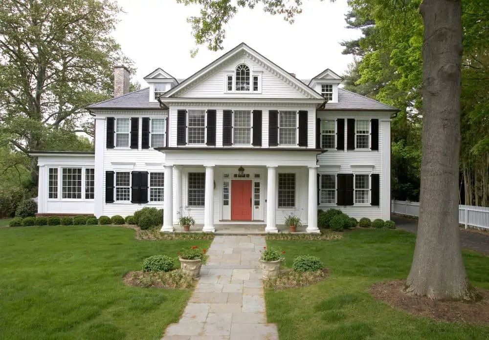 Front door colors for white house with black shutters.