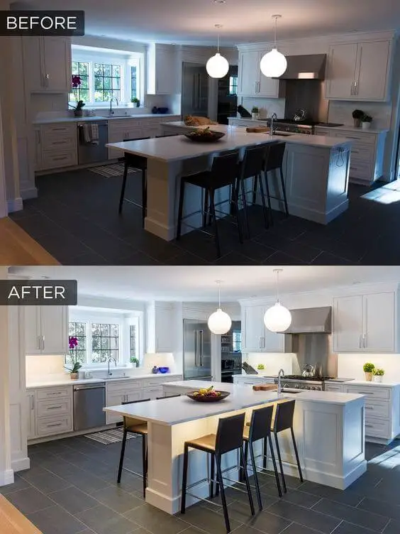 #9. Before and after adding under cabinet lighting to a kitchen