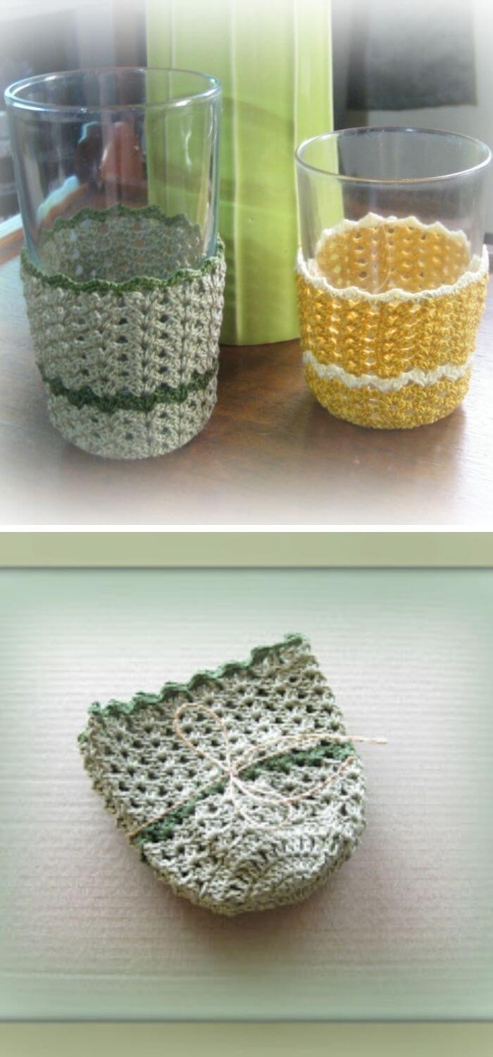 Crochet striped shells glass cozy