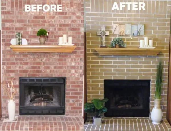 Bright painted brick fireplace