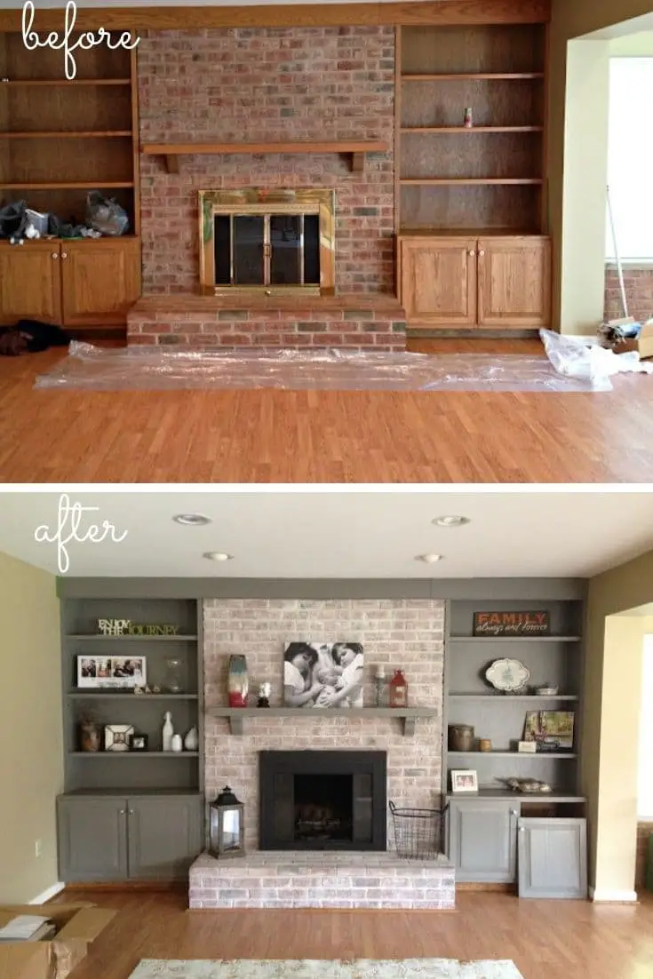 Whitewash painted brick fireplace