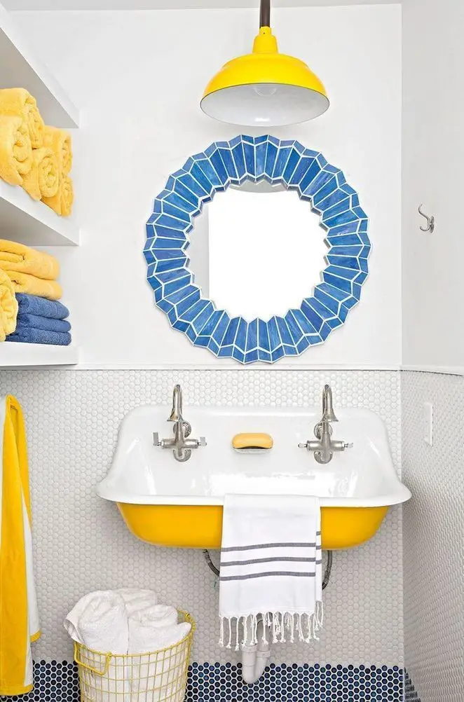 Yellow lamp and bathroom sink