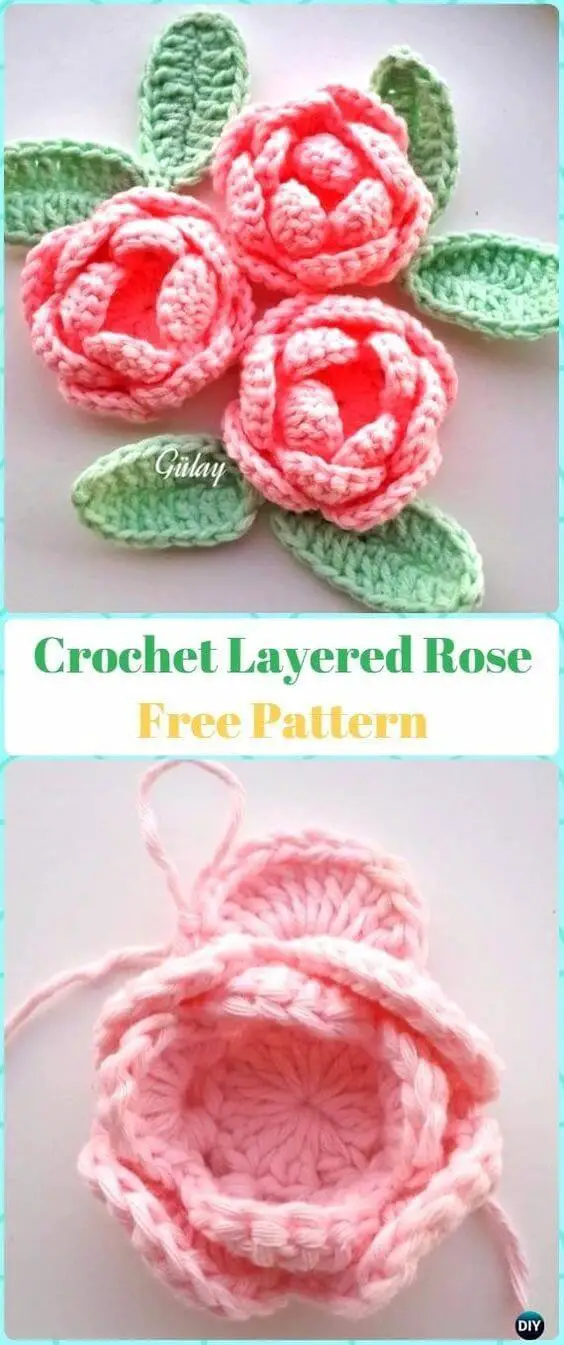 Layered Crochet 3D Rose Flower