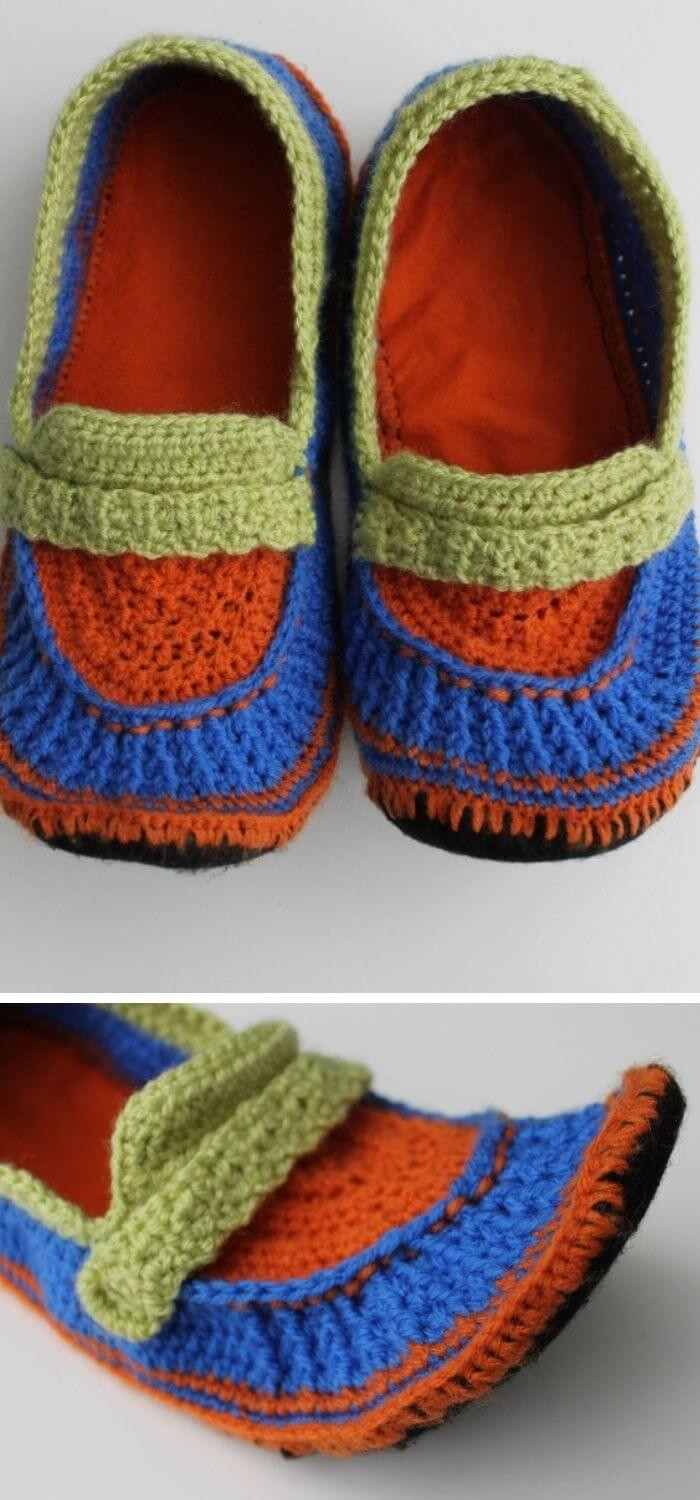 Crocheted slippers with felt soles