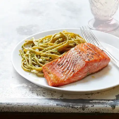 Seared Salmon with Pesto Fettuccine for Two