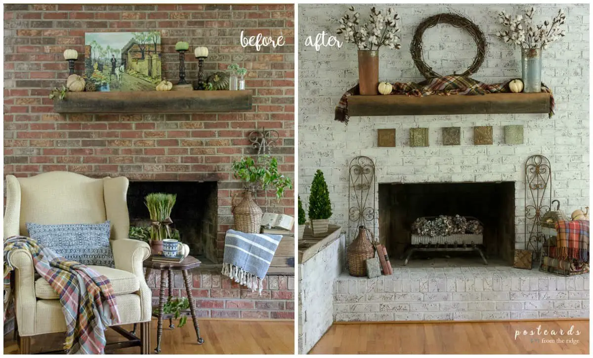 Rustic painted brick fireplace