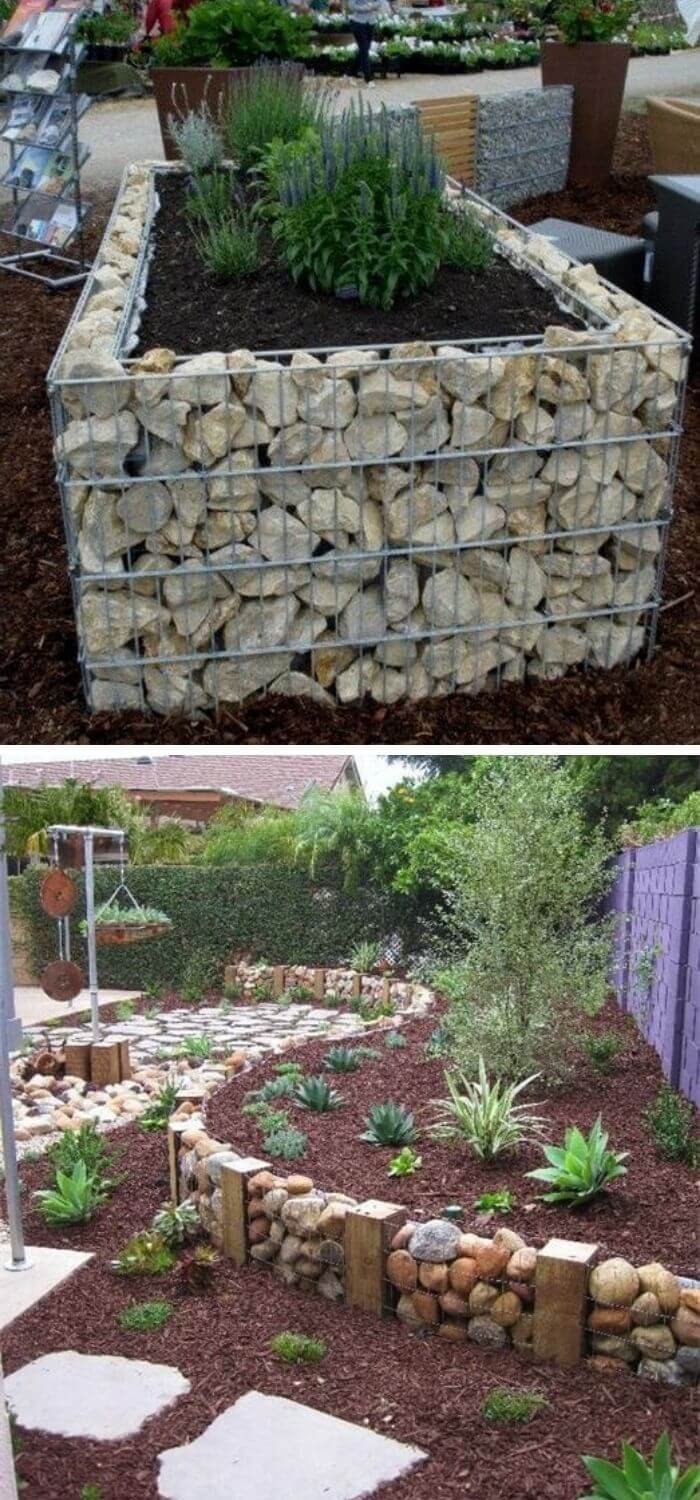 White Gabion raised garden bed border