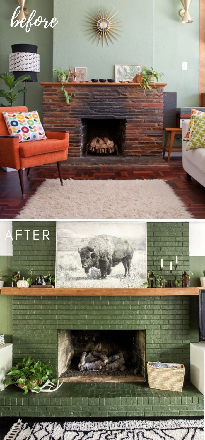 Bright painted brick fireplace