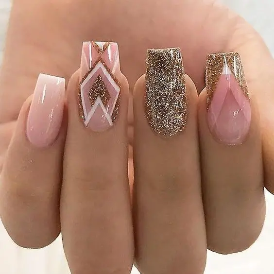 Pink Nails with Gold Glitter Design