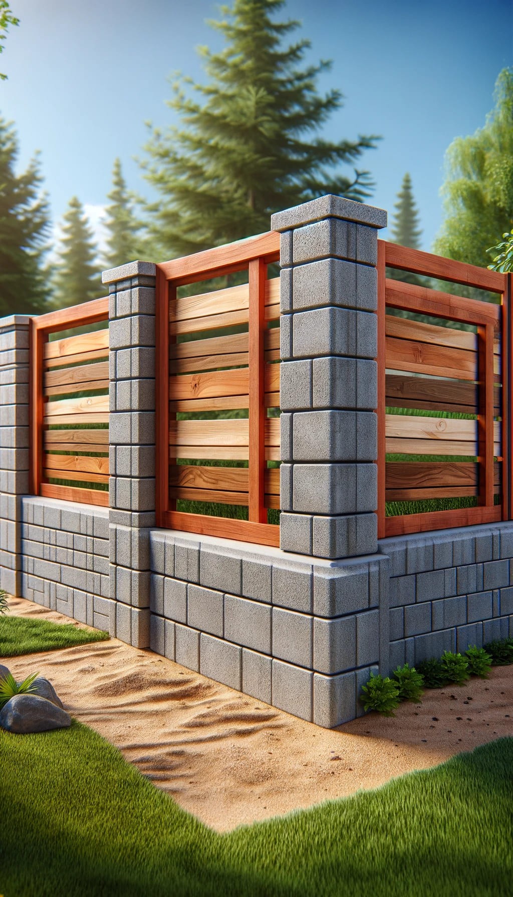 Cinder Block Fence with Wooden Accents