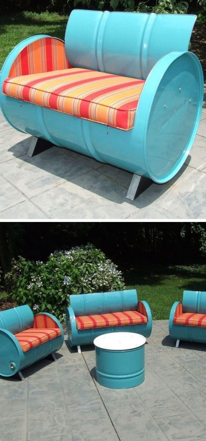 Repurposed steel drum patio furniture