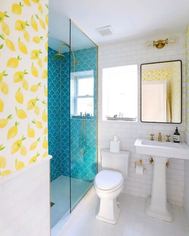 White bath curtain and yellow objects