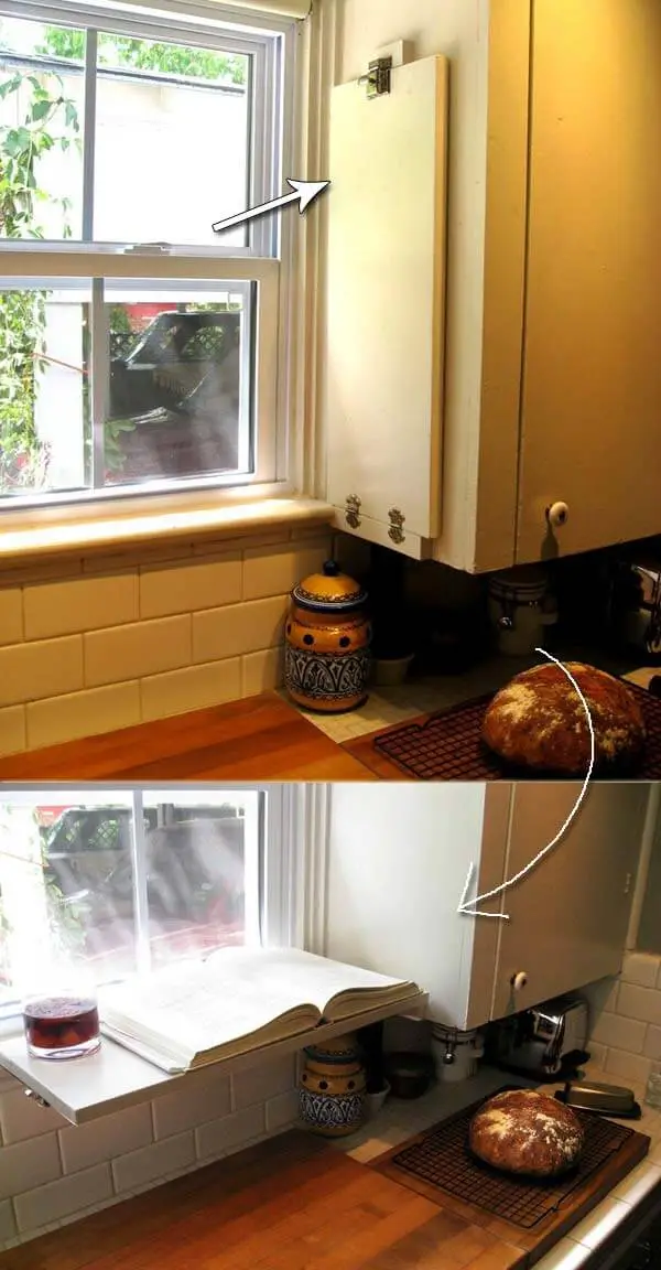 27). A flip-down shelf over the kitchen sink to place cookbook or drink