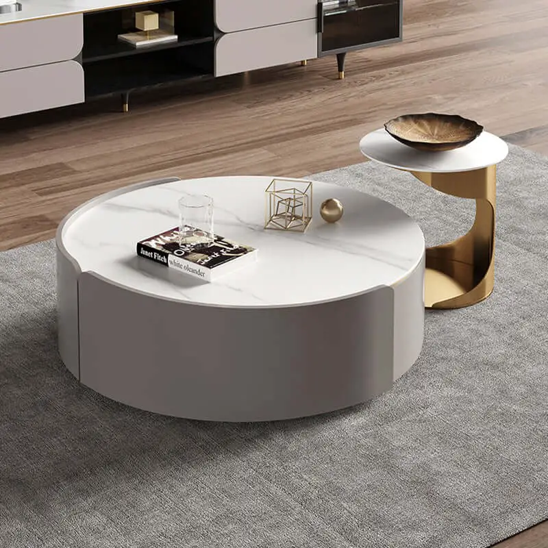 Modern round stone sintered stone top nesting coffee table set with two-layer drawers and iron legs.