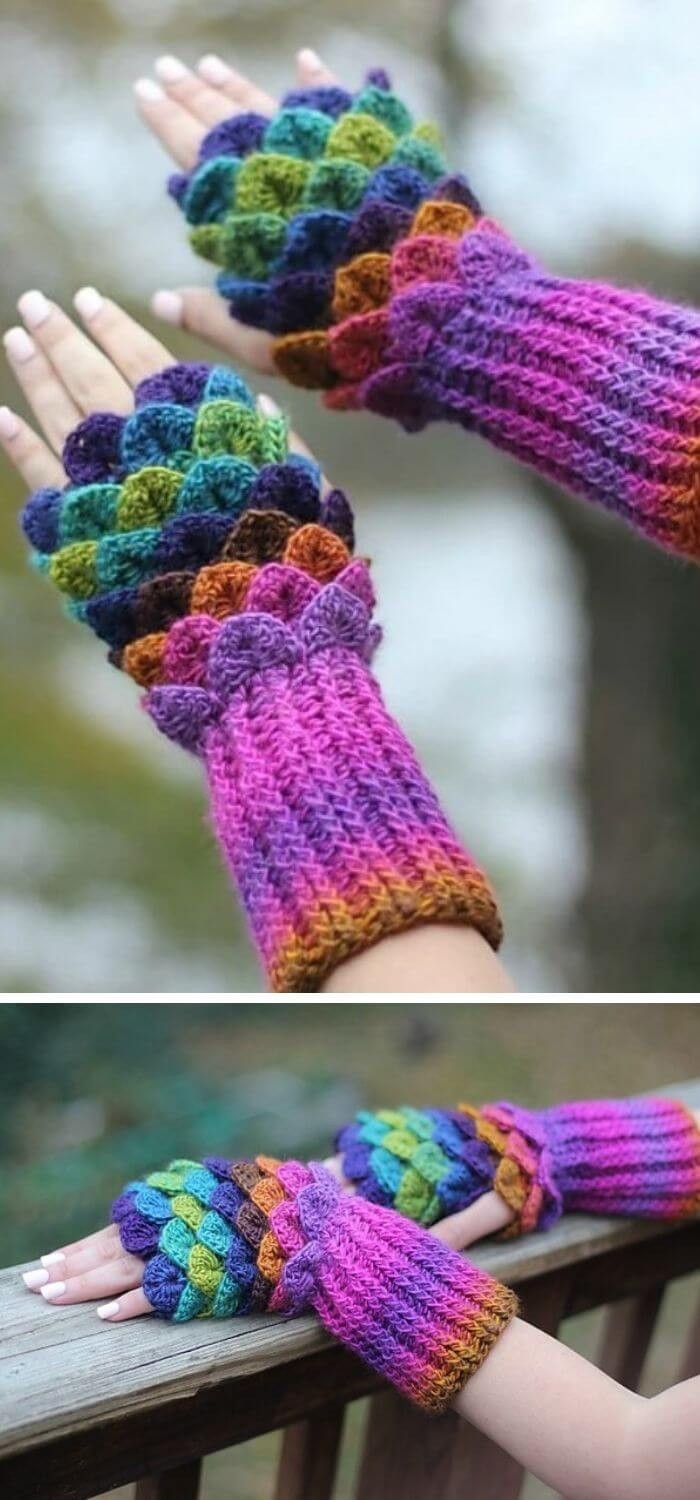 15 Crochet Dragon Scale Crocodile Stitch Gloves Fingerless Patterns