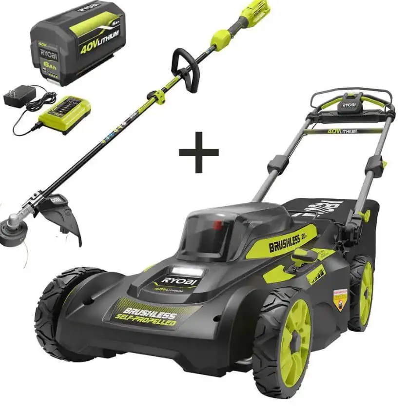 Ryobi 40V Brushless 20 in. Cordless Walk Behind Self-Propelled Mower & Trimmer with 6.0 Ah Battery & Charger.