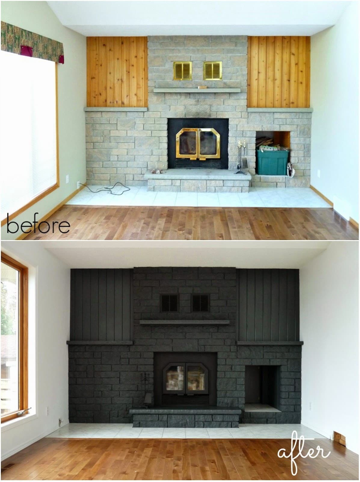 Dark grey painted brick fireplace