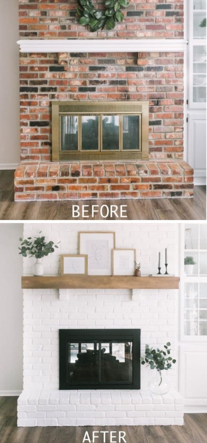 White painted brick fireplace