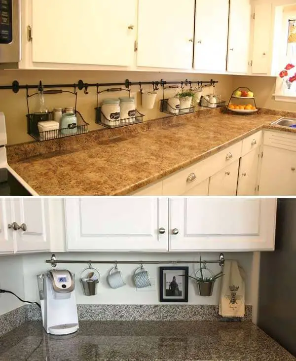 32). Declutter Kitchen Countertop With A Curtain Rod