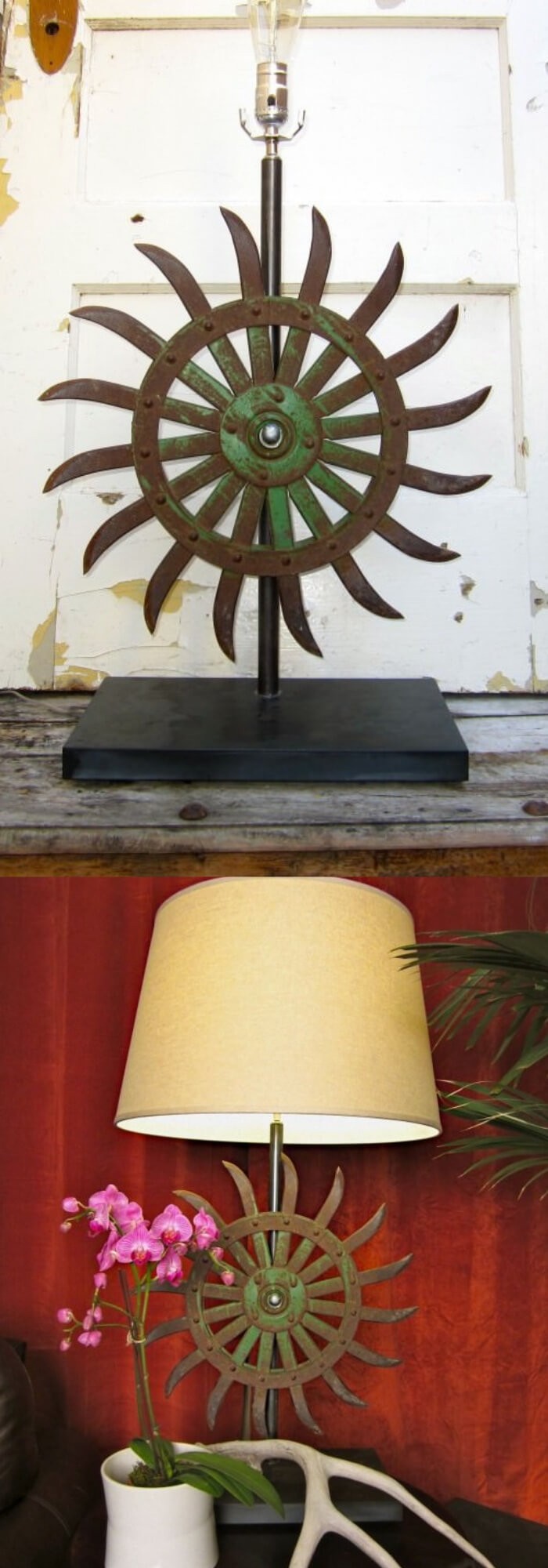 Vintage hoe blades into table lamps