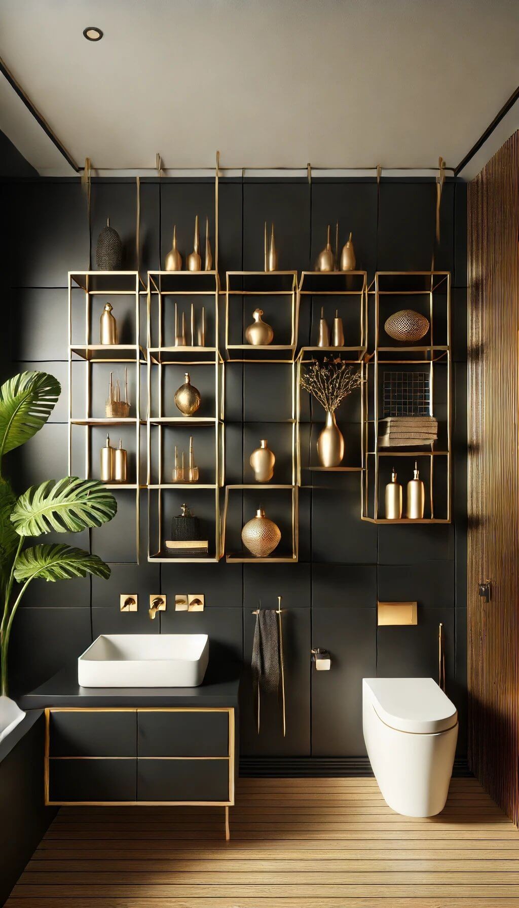 Black Walls with Gold Shelving