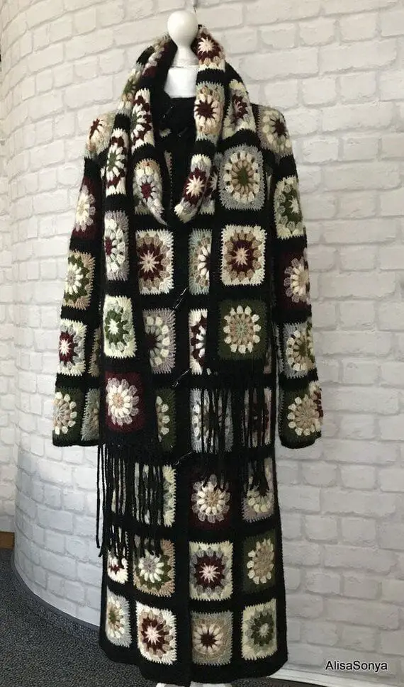 Crocheted coat Jacket Granny square coat Female cardigan Scarf Handmade coat Fashion design, Autumn coat, Boho coat, Black coat