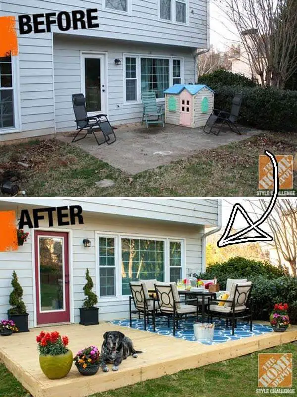 A colorful backyard patio with a new deck