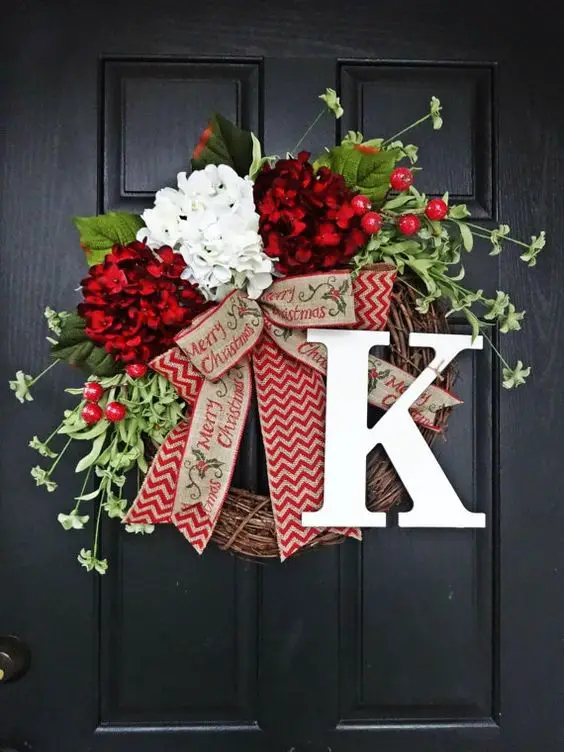 Red and White Hydrangea and Chevron Burlap Merry Christmas Wreath