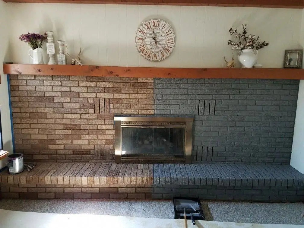 Dark grey painted brick fireplace