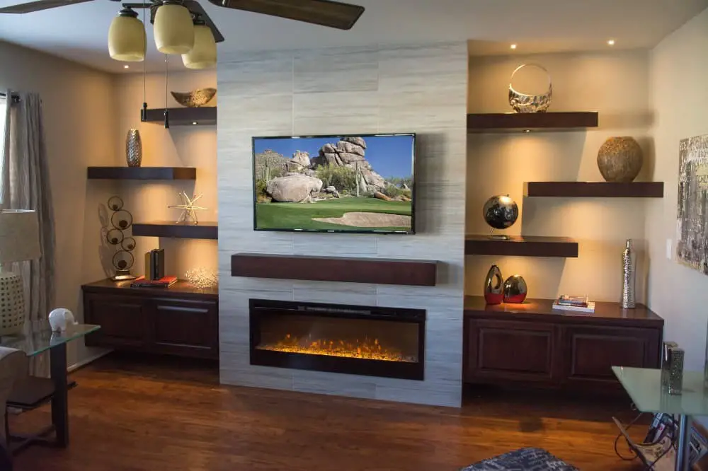 Fireplace floating shelf ideas.