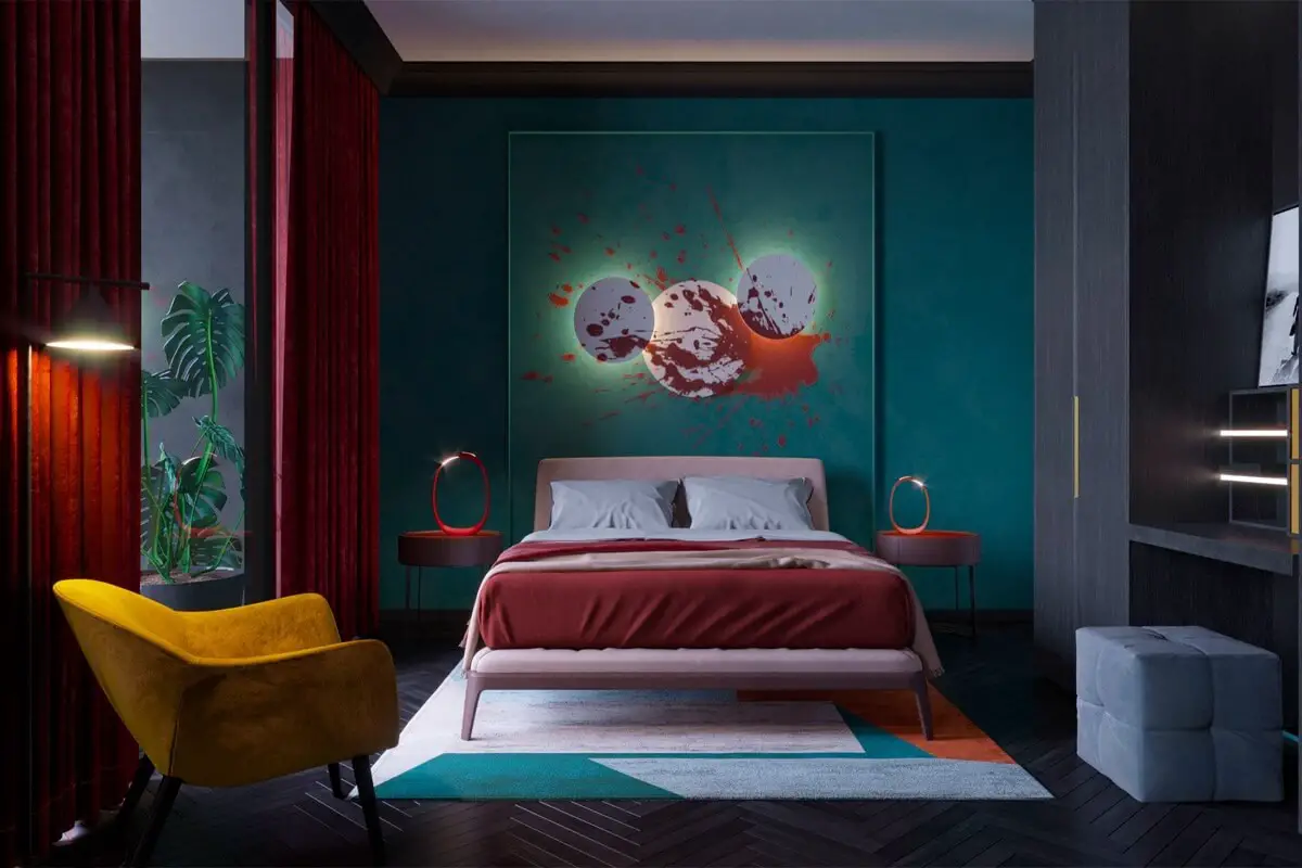 Teal and Red bedroom