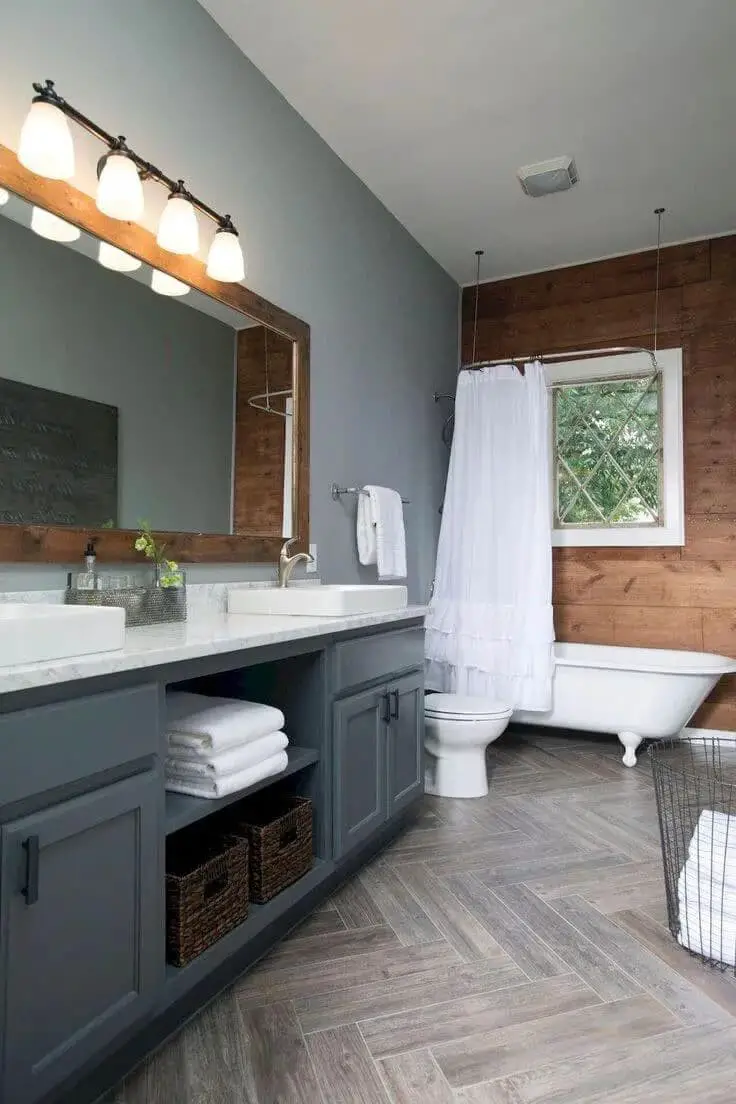 Grey Bathroom with Patterned Flooring