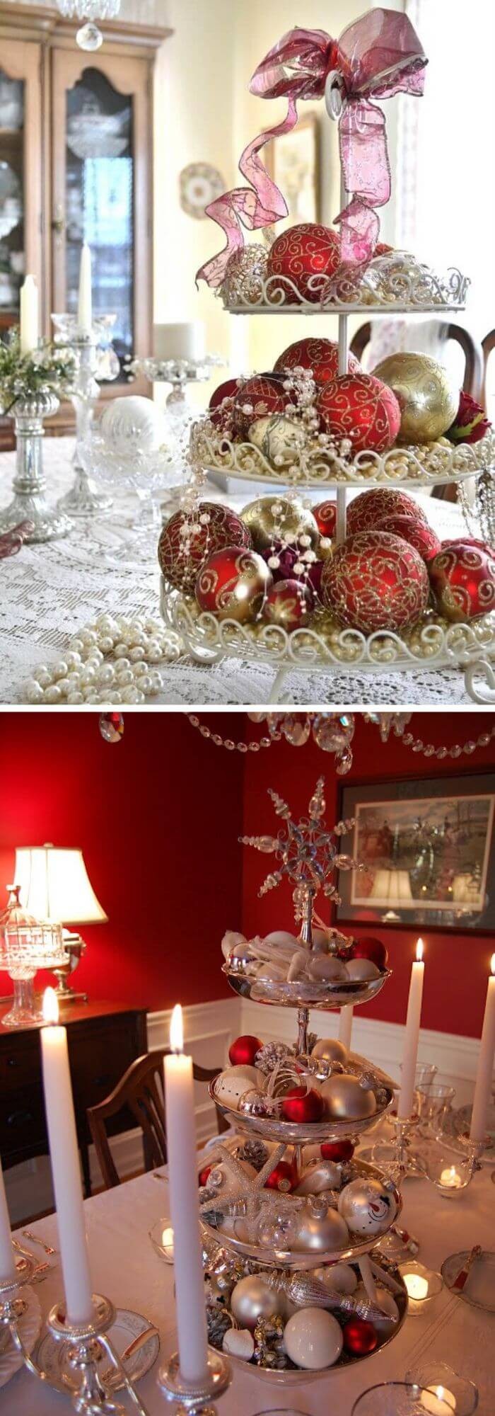 Silver, red, and gold ornaments