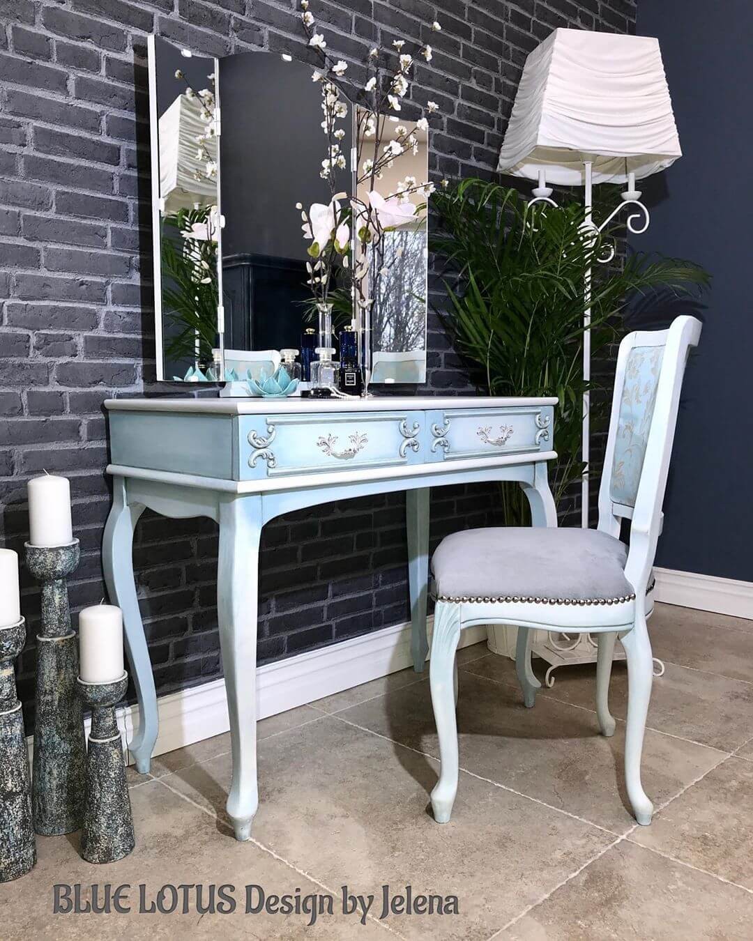 Painted makeup table with light blue