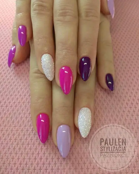 White Glitter Nail Design with Purple and Pink Nails