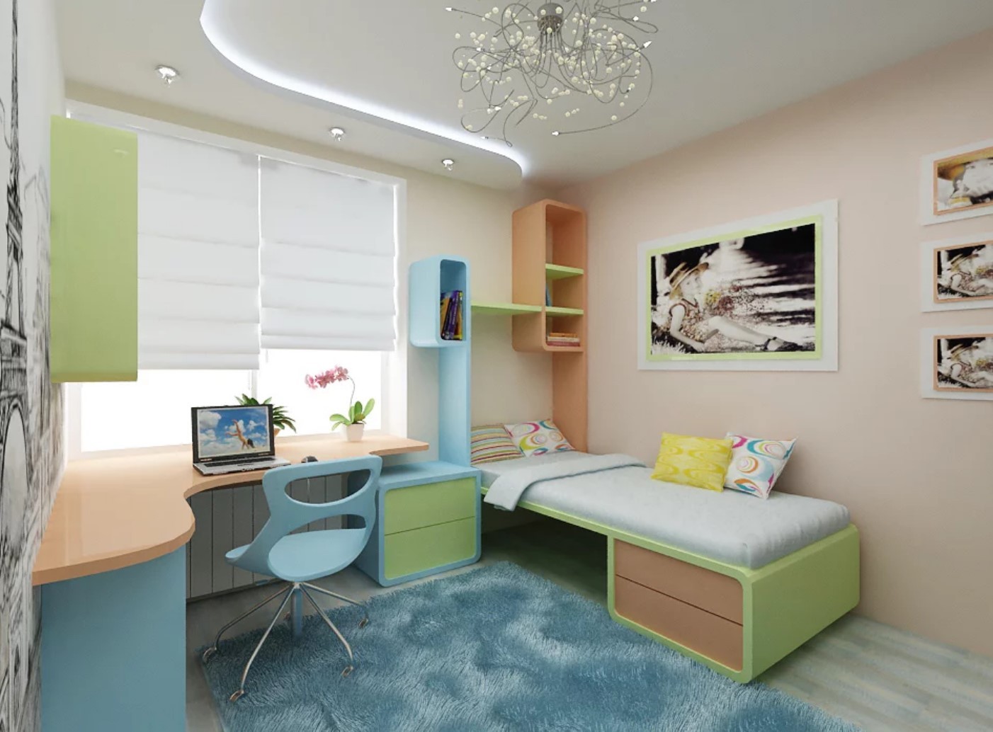 Pastel colors on the furniture will make your room unique