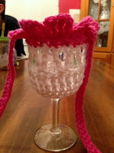 Crochet pink flower glass lanyard holder