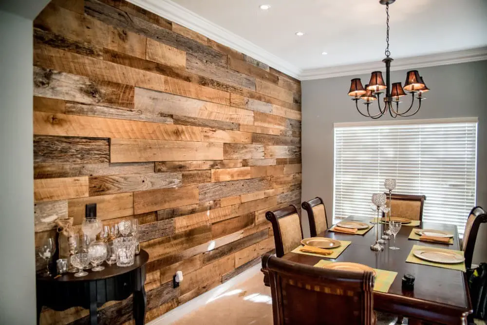 Wood accent wall ideas in dining room.