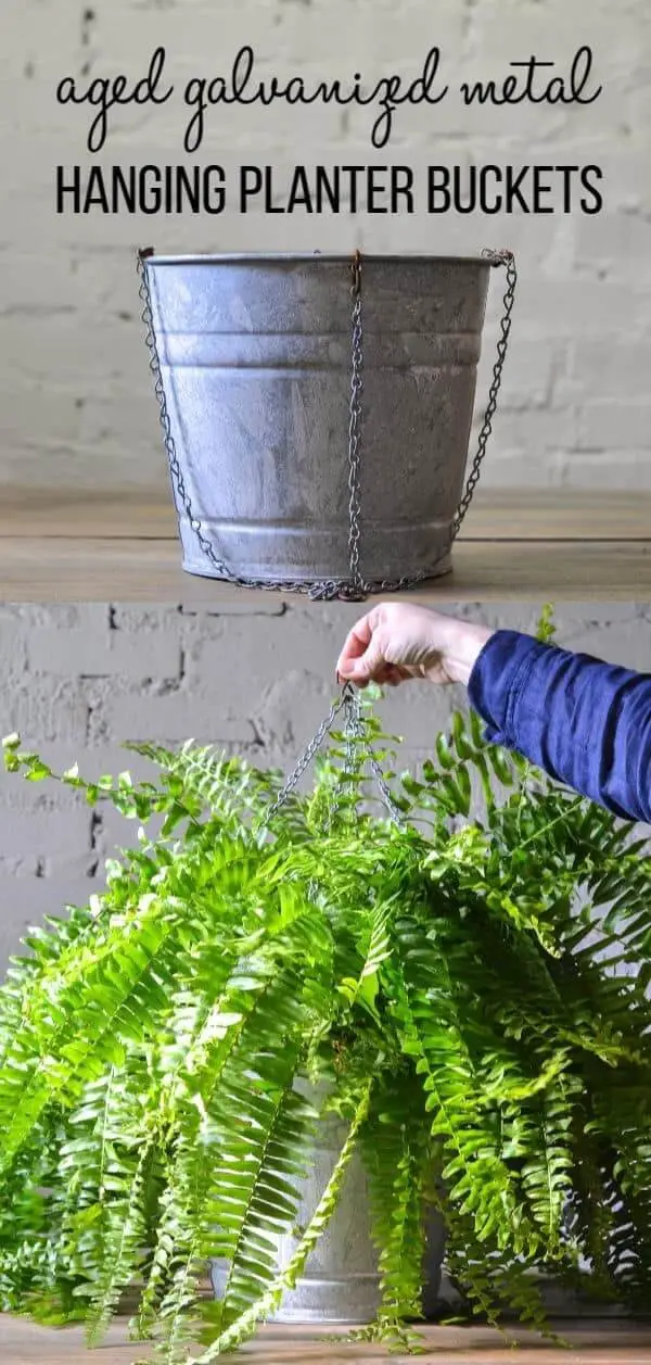 DIY Farmhouse-Style Aged Galvanized Hanging Bucket Planters