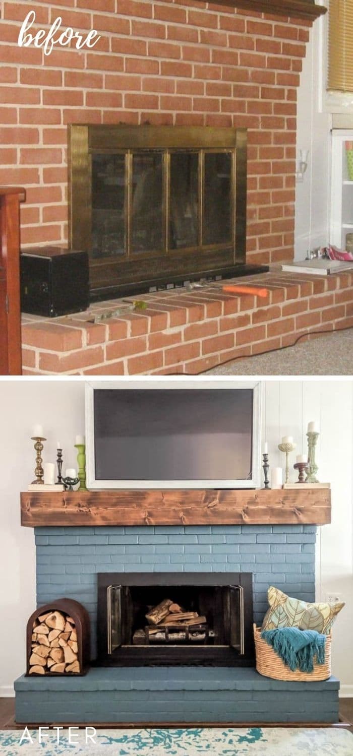 Rustic painted brick fireplace