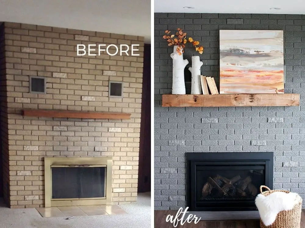 Gray painted brick fireplace